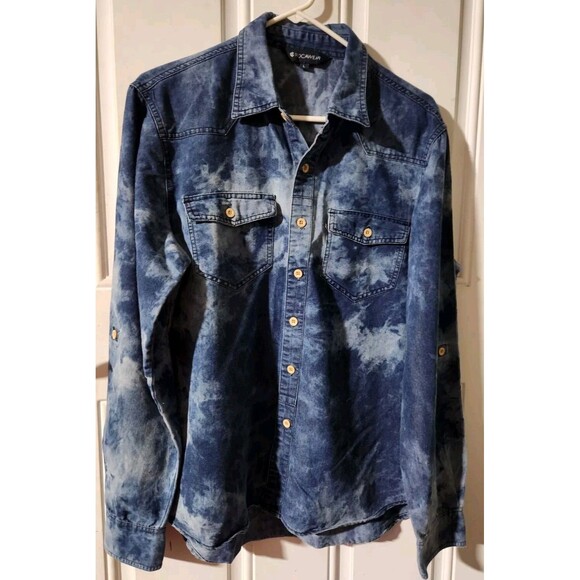 Rocawear Other - Rocawear Shirt Mens Large Blue Denim Tie Dye Acid Wash Roll Tab Long Sleeve